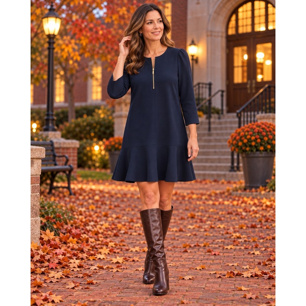 Tommy Hilfiger Dress 10P Petite Navy Gold Zip Flounce Hem 3/4 Sleeve Shift